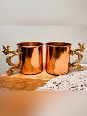 Vintage Copper Moscow Mule Mug Set - Copper Finish and brass dragon handles